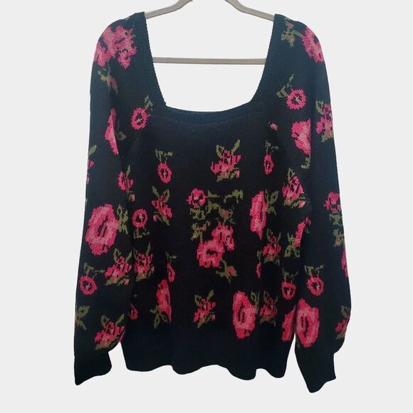 Cato Knit Sweater Womens Plus 22/24W Square Neck Black Pink Floral Long Sleeve - Picture 2 of 9